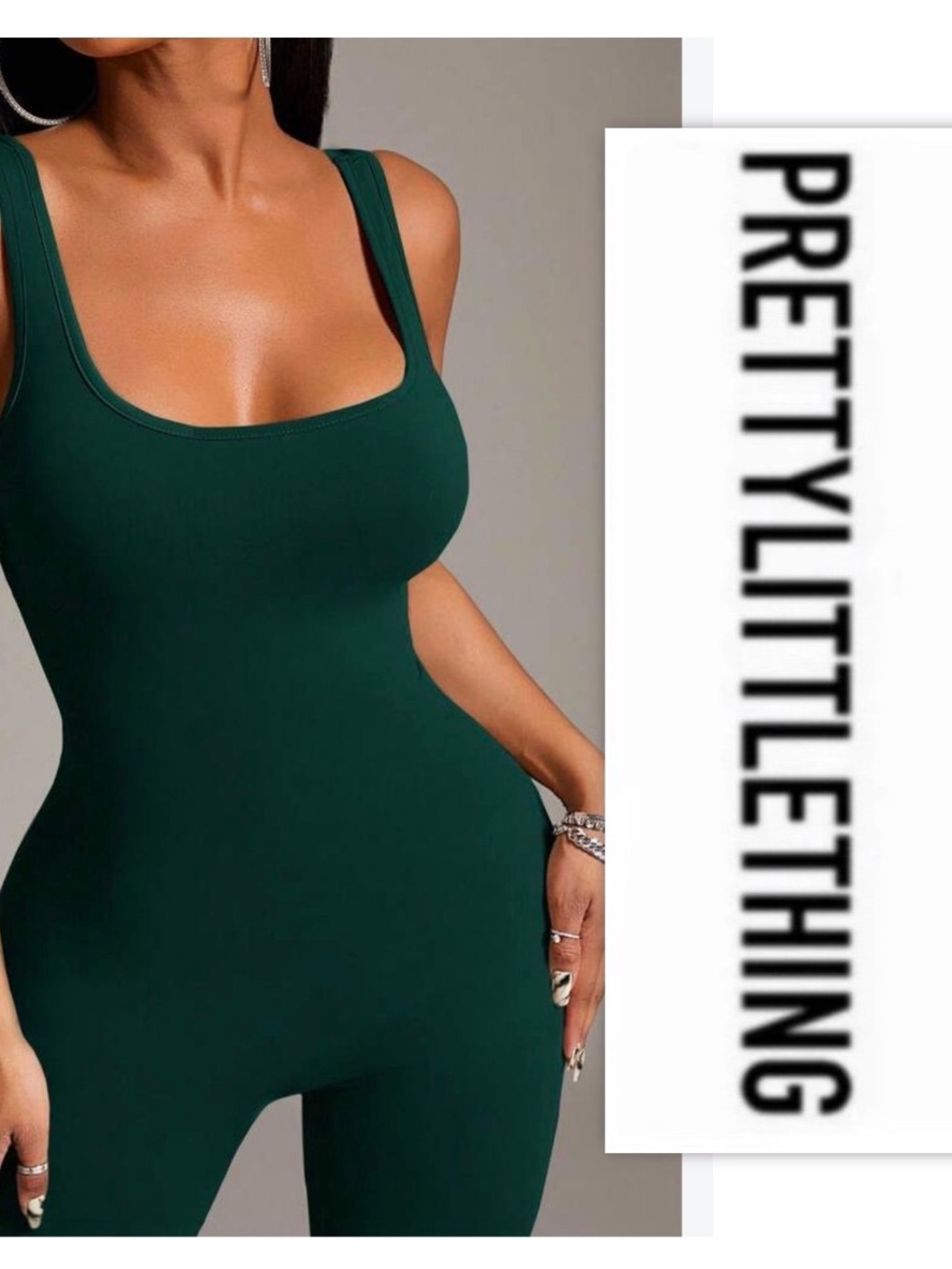 Pretty Little Thing Dark Green Slinky Scoop Neck Jumpsuit